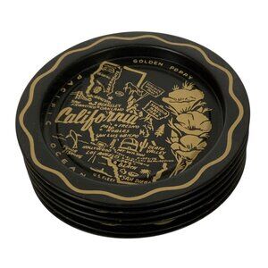 Vintage California Map Souvenir Metal Coasters Set of 6 Black Gold Design